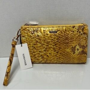 NWT Ladies BRAHMIN Yellow Leather Clutch Or Wristlet Bag With Original Dust Bag